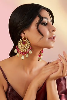 Gold Finish Kundan Polki Enameled Chandbali Earrings