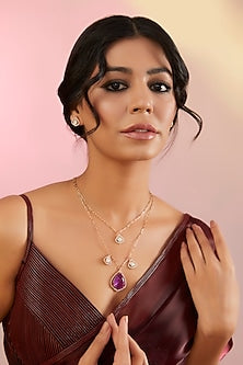 Rose Gold Finish Purple Stone & Kundan Polki Necklace Set