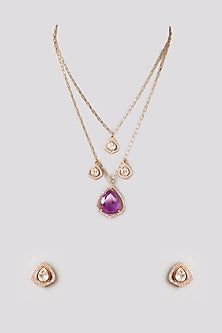 Rose Gold Finish Purple Stone & Kundan Polki Necklace Set