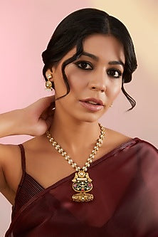 Gold Finish Kundan Polki Meenakari Long Pendant Necklace Set