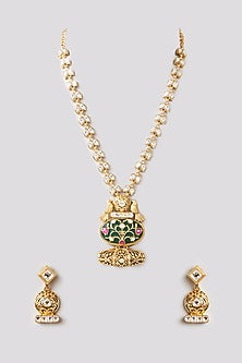 Gold Finish Kundan Polki Meenakari Long Pendant Necklace Set