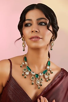 Gold Finish Kundan Polki & Green Stone Necklace Set