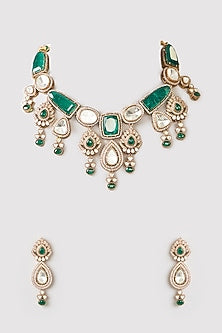 Gold Finish Kundan Polki & Green Stone Necklace Set