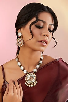 Gold Finish Kundan Polki & Mother Of Pearl Long Necklace Set