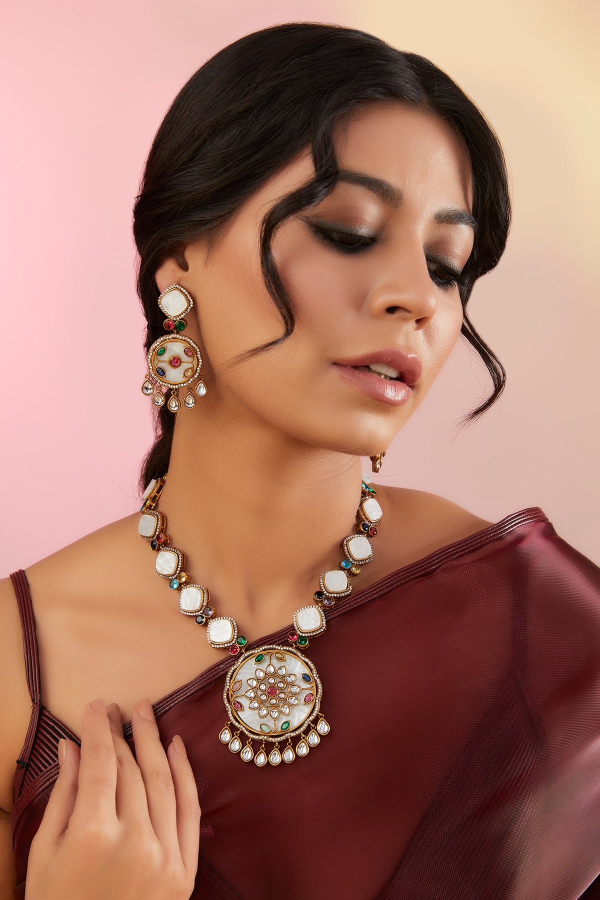 Gold Finish Kundan Polki & Mother Of Pearl Long Necklace Set