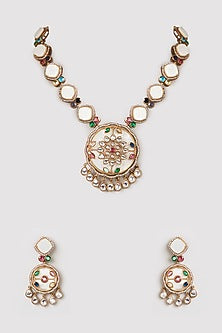 Gold Finish Kundan Polki & Mother Of Pearl Long Necklace Set