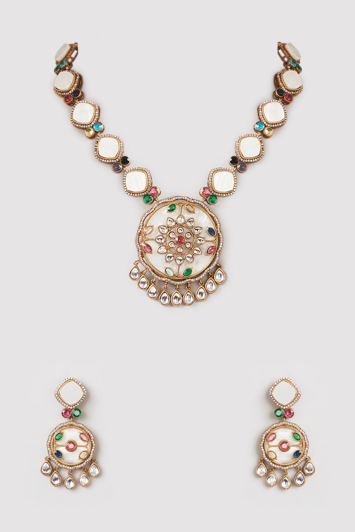 Gold Finish Kundan Polki & Mother Of Pearl Long Necklace Set