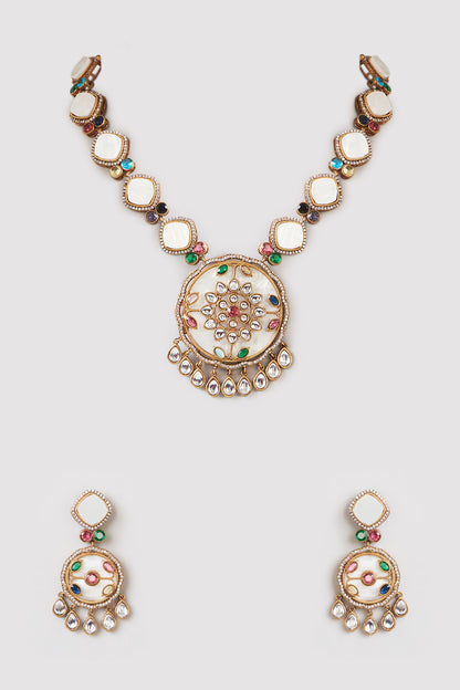 Gold Finish Kundan Polki & Mother Of Pearl Long Necklace Set