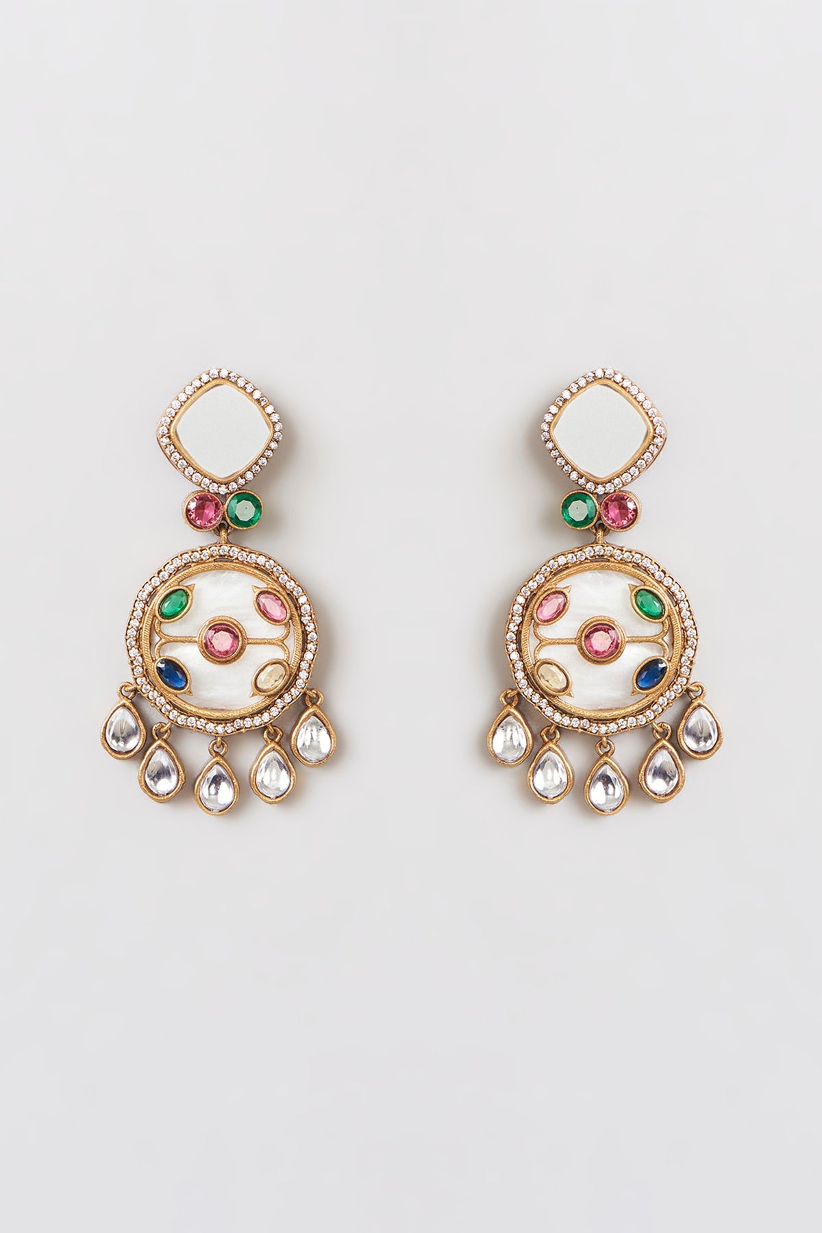 Gold Finish Kundan Polki & Mother Of Pearl Long Necklace Set
