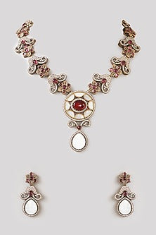 Gold Finish Red Stone & Cubic Zirconia Long Necklace Set