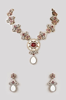 Gold Finish Red Stone & Cubic Zirconia Long Necklace Set