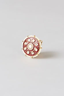 Gold Finish Kundan Polki & Pearl Enamelled Ring