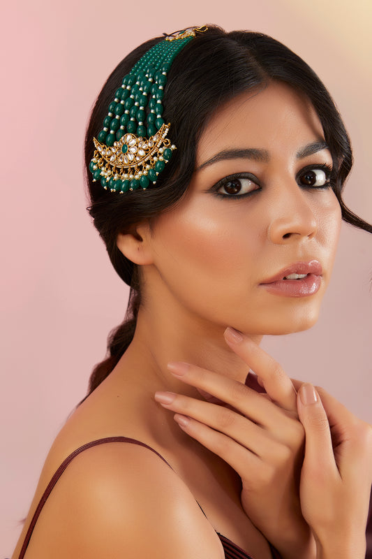Gold Finish Kundan Polki & Green Stone Pasa