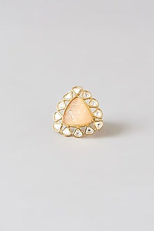 Gold Finish Kundan Polki & Yellow Carved Stone Ring