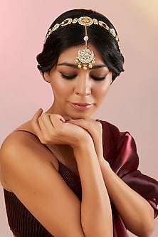 Gold Finish Kundan Polki & Pearl Beaded Mathapatti