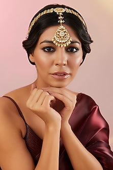 Gold Finish Kundan Polki & Pearl Beaded Mathapatti