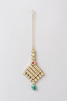 Gold Finish Kundan Polki & Cubic Zirconia Enamelled Maangtikka
