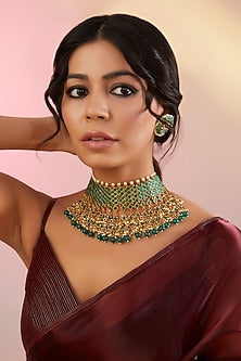 Gold Finish Kundan Polki & Green Stone Choker Necklace Set