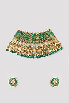 Gold Finish Kundan Polki & Green Stone Choker Necklace Set