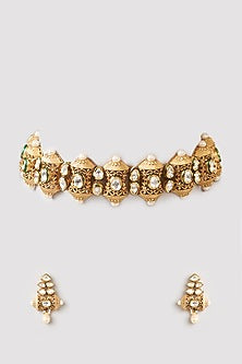 Gold Finish Kundan Polki Enameled Choker Necklace Set
