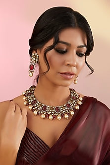 Gold Finish Kundan Polki & Red Stone Necklace Set
