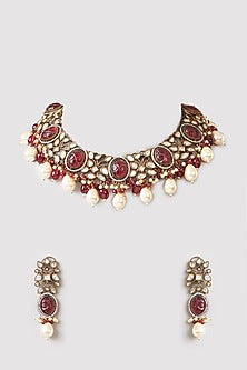 Gold Finish Kundan Polki & Red Stone Necklace Set