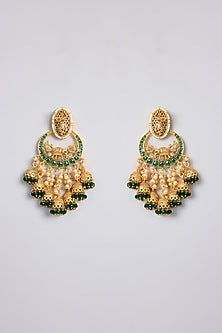 Gold Finish Kundan Polki & Green Gemstone Temple Chandbali Earrings