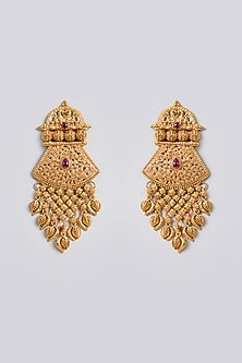Gold Finish Kundan Polki & Ruby Gemstone Temple Dangler Earrings