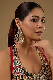 Black Rhodium Finish Kundan Polki & Pink Beaded Chandbali Earrings