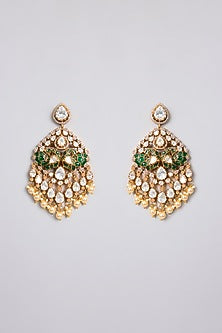 Gold Finish Kundan Polki & Green Gemstone Chandbali Earrings