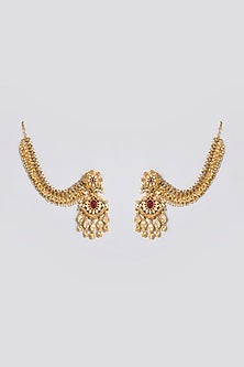 Gold Finish Kundan Polki & Ruby Gemstone Floral Chandbali Earrings