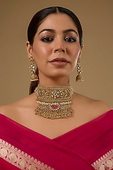 Gold Finish Kundan Polki & Ruby Gemstone Temple Necklace Set