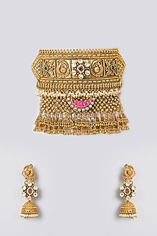 Gold Finish Kundan Polki & Ruby Gemstone Temple Necklace Set