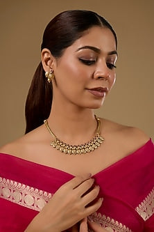 Gold Finish Kundan Polki & Ruby Stone Temple Necklace Set