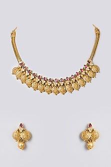 Gold Finish Kundan Polki & Ruby Stone Temple Necklace Set