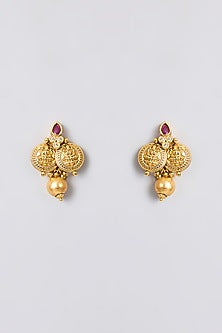 Gold Finish Kundan Polki & Ruby Stone Temple Necklace Set