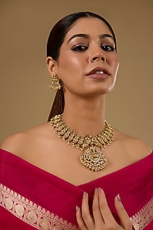Gold Finish Kundan Polki & Ruby Stone Temple Necklace Set