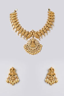 Gold Finish Kundan Polki & Ruby Stone Temple Necklace Set