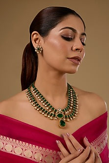 Gold Finish Kundan Polki & Emerald Stone Floral Necklace Set