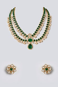 Gold Finish Kundan Polki & Emerald Stone Floral Necklace Set