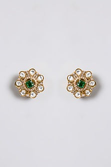 Gold Finish Kundan Polki & Emerald Stone Floral Necklace Set