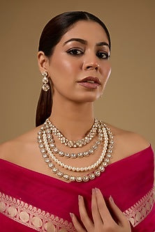 Rose Gold Finish Kundan Polki & Pearl Floral Necklace Set