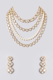 Rose Gold Finish Kundan Polki & Pearl Floral Necklace Set
