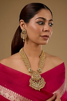 Gold Finish Kundan Polki & Gold Beaded Temple Pendant Necklace Set