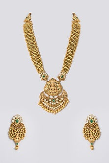 Gold Finish Kundan Polki & Gold Beaded Temple Pendant Necklace Set
