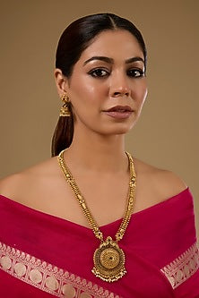 Gold Finish Kundan Polki & Gold Beaded Temple Pendant Necklace Set