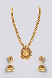 Gold Finish Kundan Polki & Gold Beaded Temple Pendant Necklace Set