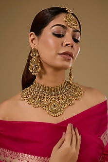 Gold Finish Kundan Polki Temple Necklace Set