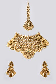 Gold Finish Kundan Polki Temple Necklace Set