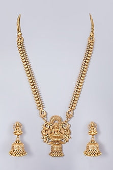 Gold Finish Lakshmi Carved Long Necklace Set